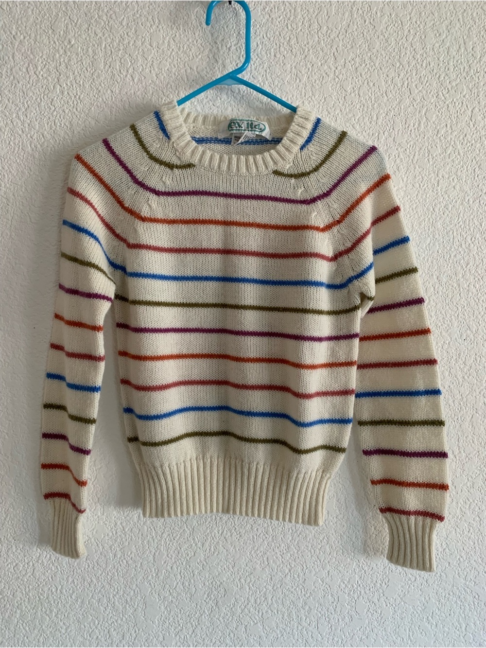 Vintage 80s EV Ltd Cream Striped Crewneck Sweater with Multicolor Stripes